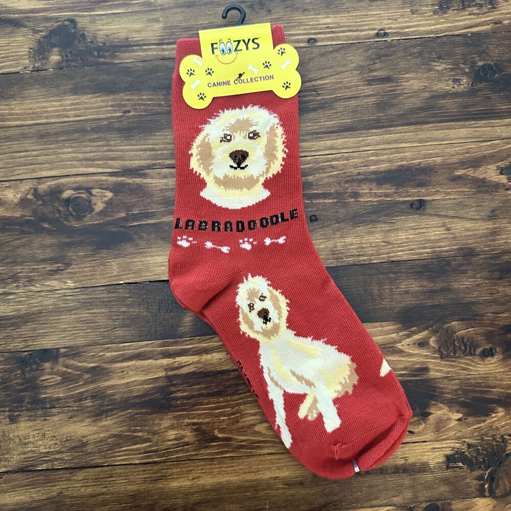 NWT Foozys Red Animal Design Labradoodle Crew Socks Women One Size